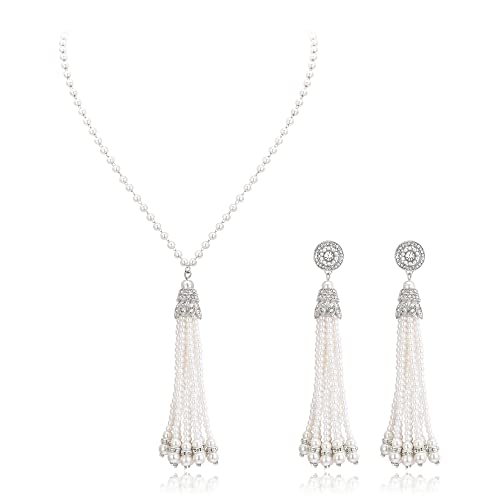 EVER FAITH Kristall Creme simulierte Perle Quaste Schmuck Set 1920er Jahre Vintage Gatsby Kostüm lange Kette Halskette Ohrringe für Damen EVER FAITH Kristall Creme simulierte Perle Quaste Schmuck Set 1920er Jahre Vintage Gatsby Kostüm lange Kette Halskette Ohrringe für Damen von EVER FAITH