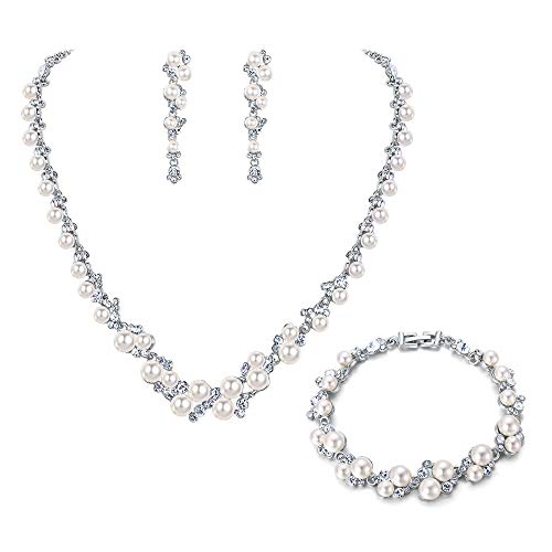 EVER FAITH Kristall Ivory Farbe kuenstliche Perle Braut Halskette Ohrringe Armband Set Silber-Ton von EVER FAITH