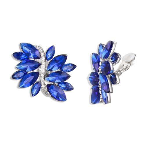 EVER FAITH Kristall Ohrclips Art Deco Marquise Strass Kristall Cluster Blatt Clip-on Statement Ohrringe für Damen Braut Prom Hochzeit Blau Silber-Ton von EVER FAITH