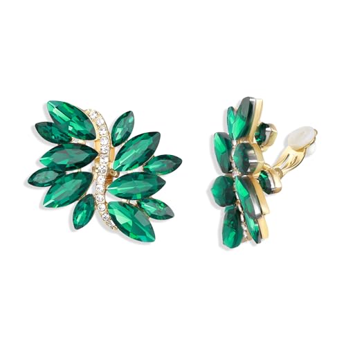 EVER FAITH Kristall Ohrclips Art Deco Marquise Strass Kristall Cluster Blatt Clip-on Statement Ohrringe für Damen Braut Prom Hochzeit Grün Gold-Ton von EVER FAITH