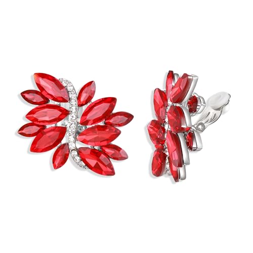 EVER FAITH Kristall Ohrclips Art Deco Marquise Strass Kristall Cluster Blatt Clip-on Statement Ohrringe für Damen Braut Prom Hochzeit Rot Silber-Ton von EVER FAITH