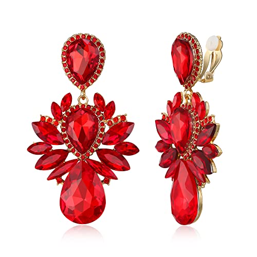 EVER FAITH Kristall Ohrclips Hochzeit Strass baumeln Vintage-Stil Tropfen-Schliff Marquise Statement Kronleuchter Clip-on Ohrringe für Damen Braut Party Rot Gold-Ton von EVER FAITH