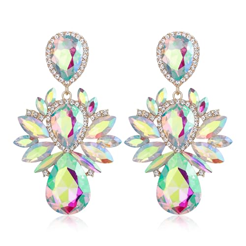 EVER FAITH Kristall Ohrclips Hochzeit Strass baumeln Vintage-Stil Tropfen-Schliff Marquise Statement Kronleuchter Clip-on Ohrringe für Damen Braut Party Schillernd AB Gold-Ton von EVER FAITH