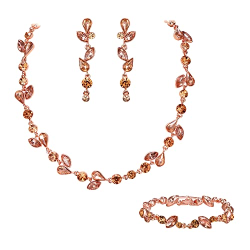 EVER FAITH Kristall Schmuck-Sets elegante Marquise- und Runde- Schliff Strass Blatt Halsketten, Ohrringe und Armband-Set für Damen Champagne Rose Gold-Tone von EVER FAITH