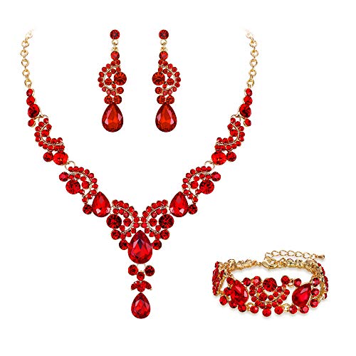 EVER FAITH Kristall Schmuckset Hochzeits Braut Art Deco Floral Teardrop Halskette Ohrringe und Armband Set Gold-Ton Rot von EVER FAITH