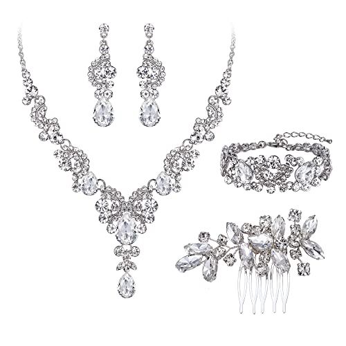 EVER FAITH Hochzeit Schmuck Set für Braut, Weißes Österreichisches Kristall Art Deco Floral Teardrop Halskette Ohrringe Armband Haarkamm für Prom von EVER FAITH