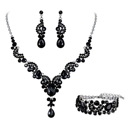 EVER FAITH Kristall Schmuckset Hochzeits Braut Art Deco Floral Teardrop Halskette Ohrringe und Armband Set Schwarz Silber-Ton von EVER FAITH