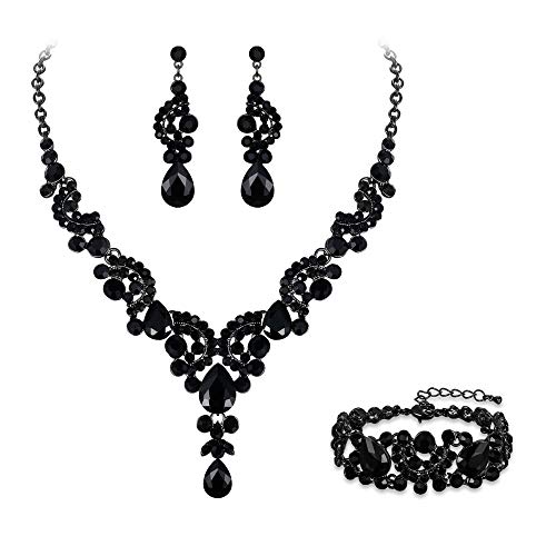 EVER FAITH Kristall Schmuckset Hochzeits Braut Art Deco Floral Teardrop Halskette Ohrringe und Armband Set Schwarz von EVER FAITH