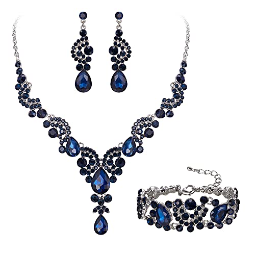 EVER FAITH Kristall Schmuckset Hochzeits Braut Art Deco Floral Teardrop Statement Halskette Ohrringe und Armband Set Dunkel-Blau Silber-Ton von EVER FAITH