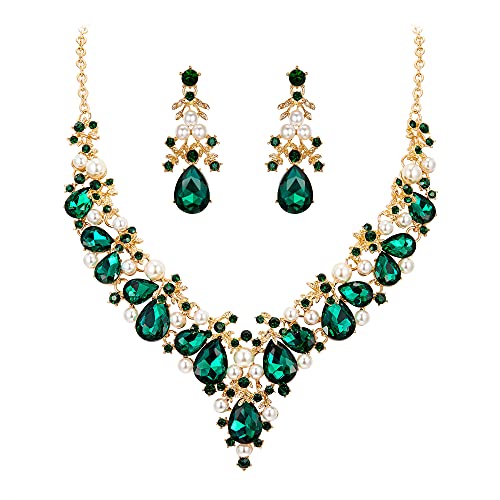 EVER FAITH Kristall Simulierte Perle Braut Blatt Teardrop V Form Halskette Ohrringe Set Grün Gold-Ton von EVER FAITH