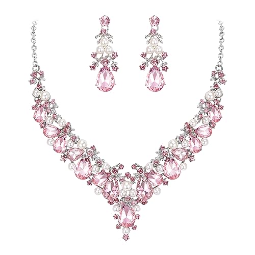 EVER FAITH Kristall Simulierte Perle Braut Blatt Teardrop V Form Halskette Ohrringe Set Rosa Silber-Ton von EVER FAITH