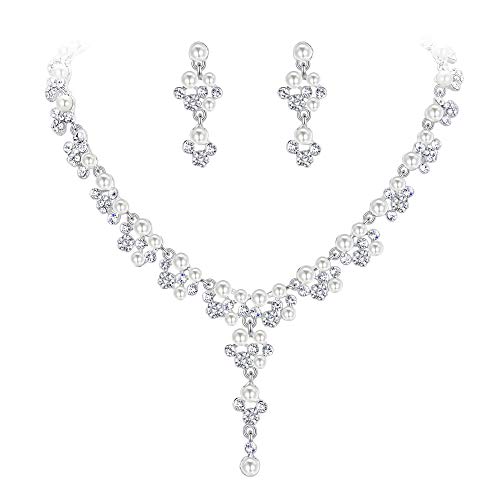 EVER FAITH Kristall Simulierte Perle Luxus Hochzeit Filigrane Tropfen Halskette Ohrringe Set Klar Silber-Ton von EVER FAITH