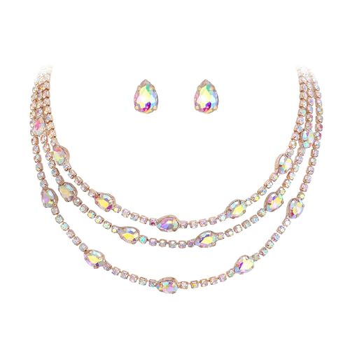 EVER FAITH Kristall geschichtet Choker Halsketten, Mode Teardrop Statement 3 Strang Kragen Halskette mit Ohrstecker Schillernd Modeschmuck Geschenke für Damen von EVER FAITH