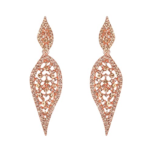 EVER FAITH Kronleuchter Ohrclipsfür Abschlussball Party 2 Blätter aushöhlen Art Deco atemberaubende Kristall Ohrringe Champagne Rose Gold-Ton von EVER FAITH