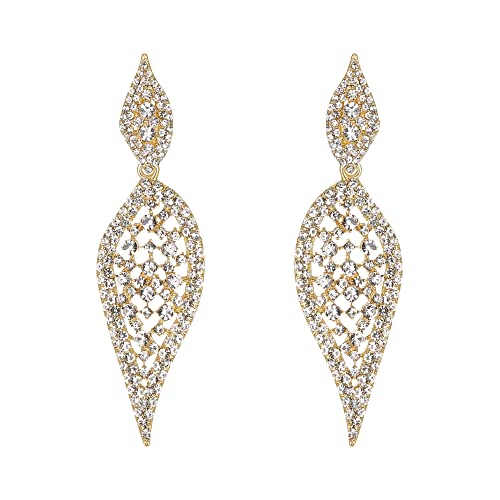 EVER FAITH Kronleuchter Ohrclipsfür Abschlussball Party 2 Blätter aushöhlen Art Deco atemberaubende Kristall Ohrringe Klar Gold-Ton von EVER FAITH