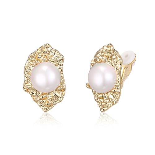 EVER FAITH Kunstperlen Ohrstecker, 14k Vergoldet Vintage Clip-on Ohrringe gehämmert Textur unregelmäßige Statement-Ohrringe Mode minimalistischen Schmuck für Damen Mädchen von EVER FAITH
