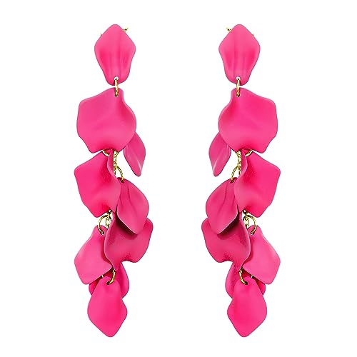 EVER FAITH Lange Blütenblatt-Ohrringe für Damen Mädchen, Acryl Hot Pink Rose Blume Blütenblatt Statement Dangle Ohrringe Sommer Urlaub Schmuck von EVER FAITH