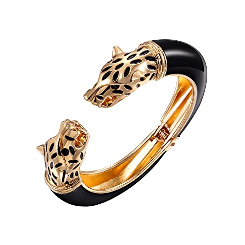 EVER FAITH Leopard Armband für Frauen Mädchen, Weißes Emaille 2 Kopf Armreif Modeschmuck Schwarz von EVER FAITH