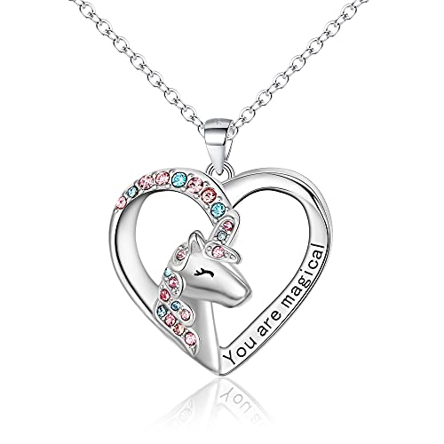 EVER FAITH Liebe Herz Einhorn Halskette für Mädchen 925 Sterling Silber Mehrfarbig Cubic Zirconia You are Magical Unicorn Anhänger Halskette für Tochter Enkelin Bunt von EVER FAITH