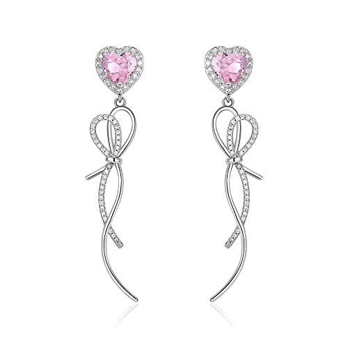 EVER FAITH Liebe Herz Ohrringe Cubic Zirkonia Kostüm Bogen Kronleuchter Tropfen lange Ohrstecker für Damen Rosa Silber-Ton von EVER FAITH