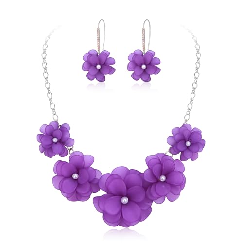 EVER FAITH Lila Blume Halskette und Ohrringe Statement Boho Schmuck Floral für Damen Sommer Urlaub Strand von EVER FAITH