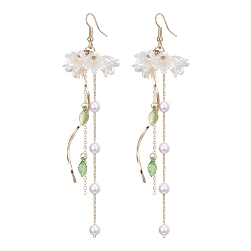 EVER FAITH Maiglöckchen Blume Ohrringe Niedlich simulierte Perle Blatt lange Quaste Tropfen Blossom White Floral für Sommerurlaub von EVER FAITH