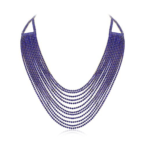 EVER FAITH Mehrschichtige klobige Halskette, Glitter Blau Gold-Ton Strass Wasserfall Mehrstrang Multi-Strand Ketten Statement Lätzchen Halskette lange Kette Modeschmuck von EVER FAITH