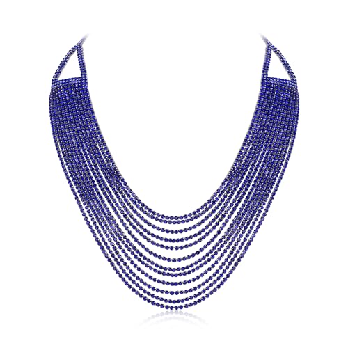 EVER FAITH Mehrschichtige klobige Halskette, Glitter Blau Silber-Ton Strass Wasserfall Mehrstrang Multi-Strand Ketten Statement Lätzchen Halskette lange Kette Modeschmuck von EVER FAITH