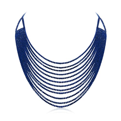 EVER FAITH Mehrschichtige klobige Halskette, Glitter Blau Strass Wasserfall Mehrstrang Multi-Strand Ketten Statement Lätzchen Halskette lange Kette Modeschmuck von EVER FAITH