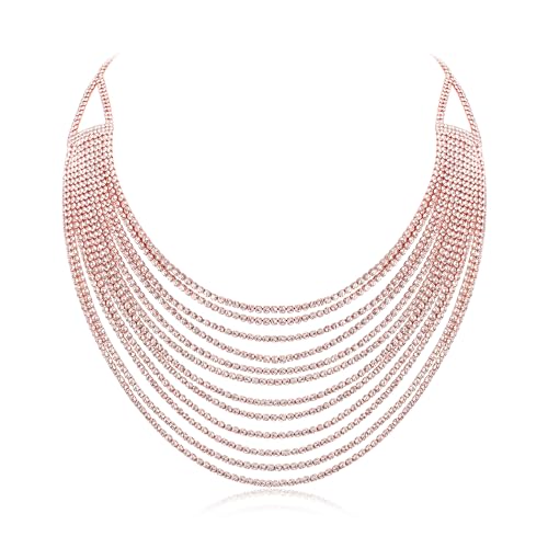 EVER FAITH Mehrschichtige klobige Halskette, Glitter Klar Rose Gold-Ton Strass Wasserfall Mehrstrang Multi-Strand Ketten Statement Lätzchen Halskette lange Kette Modeschmuck von EVER FAITH