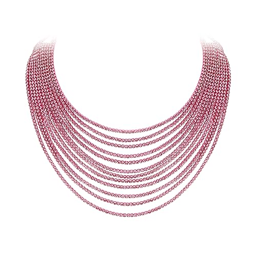 EVER FAITH Mehrschichtige klobige Halskette, Glitter Rosa Strass Wasserfall Mehrstrang Multi-Strand Ketten Statement Lätzchen Halskette lange Kette Modeschmuck von EVER FAITH