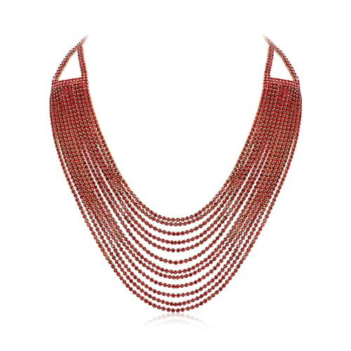 EVER FAITH Mehrschichtige klobige Halskette, Glitter Rot Gold-Ton Strass Wasserfall Mehrstrang Multi-Strand Ketten Statement Lätzchen Halskette Modeschmuck von EVER FAITH