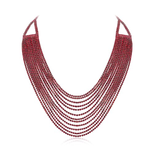 EVER FAITH Mehrschichtige klobige Halskette, Glitter Rot Silber-Ton Strass Wasserfall Mehrstrang Multi-Strand Ketten Statement Lätzchen Halskette lange Kette Modeschmuck von EVER FAITH