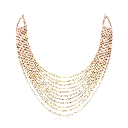 EVER FAITH Mehrschichtige klobige Halskette, Glitter Schillernder Gold-Ton Strass Wasserfall Mehrstrang Multi-Strand Ketten Statement Lätzchen Halskette Modeschmuck von EVER FAITH