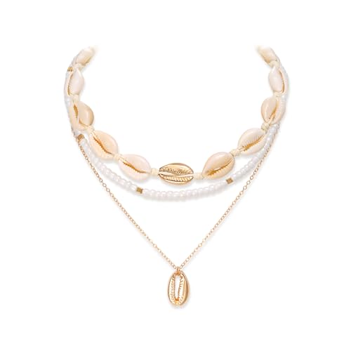 EVER FAITH Muschel-Halskette für Damen, Boho Handgemachte Natürliche Muschel Choker Kragen Halsketten Strand Schmuck für Sommer Outfits Surfer Beachy Zubehör Beige von EVER FAITH