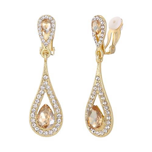 EVER FAITH Ohrclips Damen österreichischen Kristall Braut Luxus 2 Teardrop Hochzeit Clip-On Ohrringe Braun Gold-Ton Silber-Ton von EVER FAITH