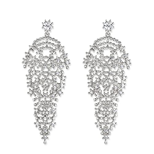 EVER FAITH Ohrringe Lange Strass Kristall Hochzeit Party filigrane baumelnde Kronleuchter lange Ohrstecker für Damen Mädchen Klar Silber-Ton von EVER FAITH