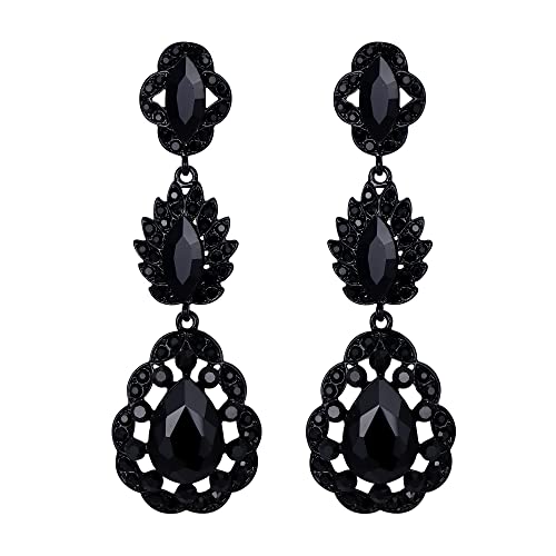 EVER FAITH Ohrringe Statment Braut Hochzeit Schmuck österreichischen Kristall Art Deco Marquise Blatt Teardrop lange Ohrstecker für Prom Schwarz Schwarz-Tone von EVER FAITH