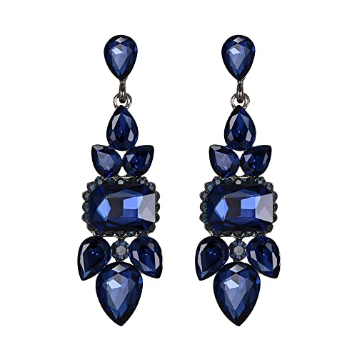 EVER FAITH Ohrringe Strass Kristall Art Deco Vintage Stil Kronleuchter-Tropfen lange Ohrstecker für Damen Navy Blau Schwarz-Ton Gold-Ton von EVER FAITH