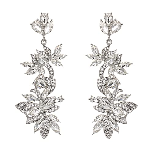 EVER FAITH Ohrringe Vintage Style Art Deco Strass Kristall Emaille Floral Lead Chandelier lange Ohrstecker Klar Silber-Tone von EVER FAITH