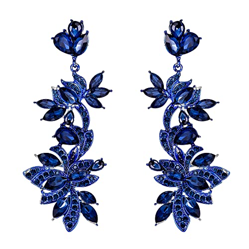 EVER FAITH Ohrringe Vintage Style Art Deco Strass Kristall Emaille Floral Lead Chandelier lange Ohrstecker Navy Blau von EVER FAITH