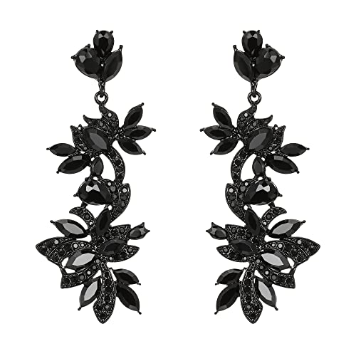 EVER FAITH Ohrringe Vintage Style Art Deco Strass Kristall Emaille Floral Lead Chandelier lange Ohrstecker Schwarz von EVER FAITH
