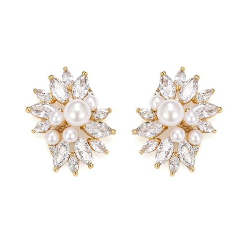 EVER FAITH Ohrstecker mit Marquise-Zirkonia Kunstperlen Cluster-Ohrringe für Damen Braut Abschlussball Hochzeit Gold-Ton von EVER FAITH