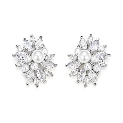 EVER FAITH Ohrstecker mit Marquise-Zirkonia Kunstperlen Cluster-Ohrringe für Damen Braut Abschlussball Hochzeit Silber-Ton von EVER FAITH