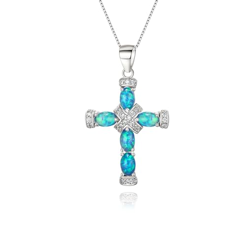 EVER FAITH Oktober Geburtsstein erstellt Oval-förmigen Opal Halskette für Damen Mädchen, klassische Kreuz Anhänger Box Kette Halskette für Muttertag Blau Silber-Tone von EVER FAITH