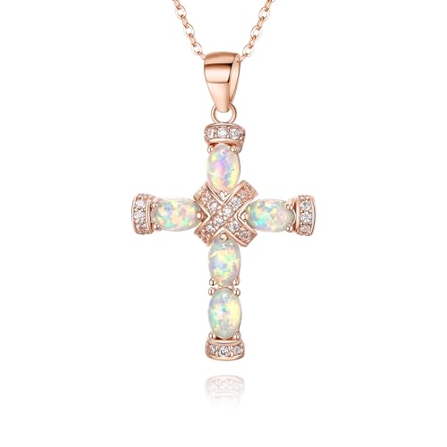 EVER FAITH Oktober Geburtsstein erstellt Oval-förmigen Opal Halskette für Damen Mädchen, klassische Kreuz Anhänger Box Kette Halskette für Muttertag Weiß Rose Gold-Tone von EVER FAITH