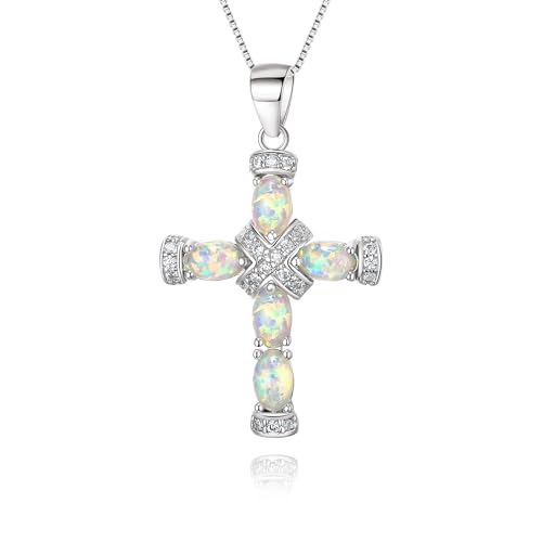 EVER FAITH Oktober Geburtsstein erstellt Oval-förmigen Opal Halskette für Damen Mädchen, klassische Kreuz Anhänger Box Kette Halskette für Muttertag Weiß Silber-Tone von EVER FAITH