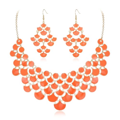 EVER FAITH Orange Statement Kragen Halskette mit Ohrringe Set, Emaille Vintage Chunky Bib Halskette Modeschmuck Sets für Damen von EVER FAITH