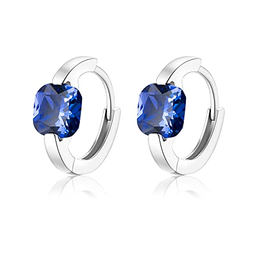 EVER FAITH Prinzessschliff Huggie Ohrringe Zirconia 925 Sterling Silber Geburtsstein Zierlicher Hoop Ohrschmuck Creolen für Damen BlauSilber-Ton von EVER FAITH