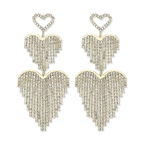 EVER FAITH Quaste Ohrringe Herz Kristall Fransen Kronleuchter Statement Drei Liebe Hochzeit Party für Damen Mädchen Klar Gold-Ton von EVER FAITH